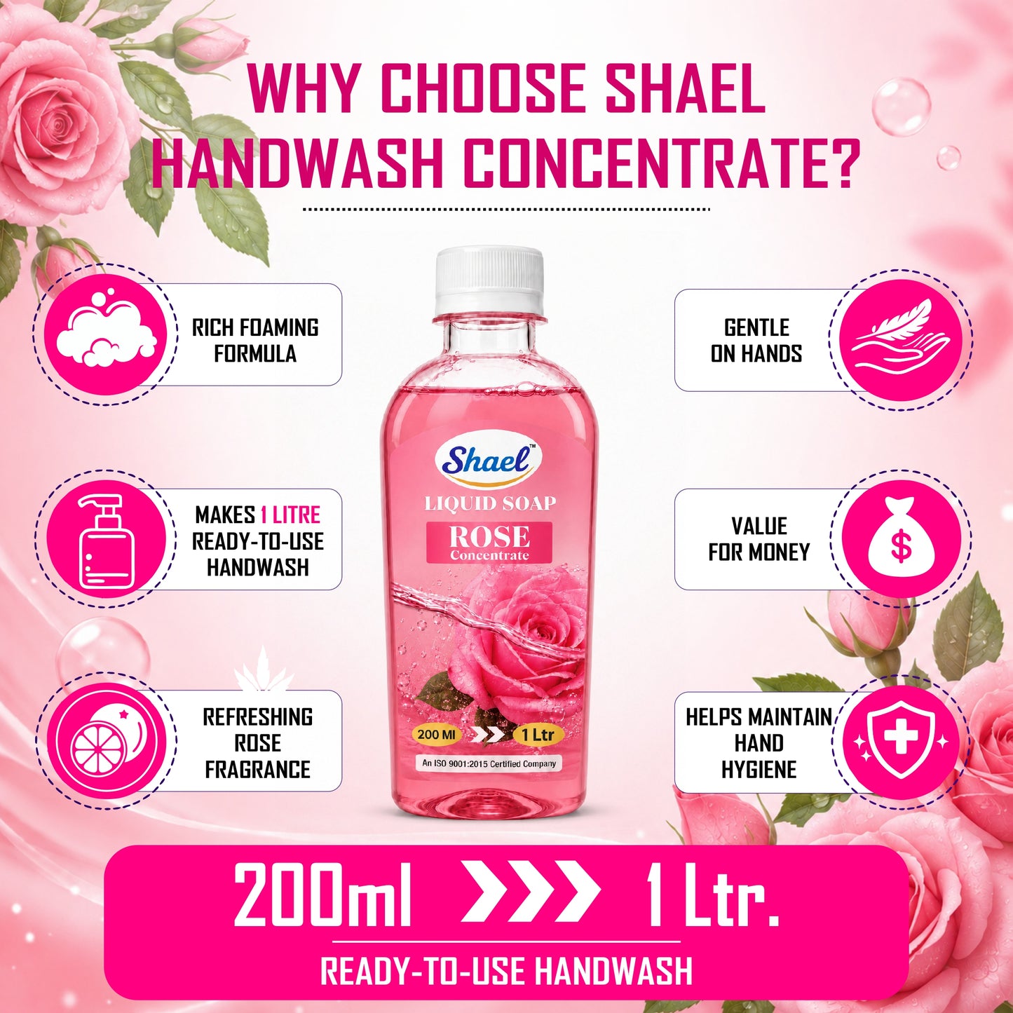 Shael Rose Liquid Soap Concentrate (200 ml) | Rich Foam Formula | Makes 1 Litre Ready-to-Use Handwash | Gentle on Hands