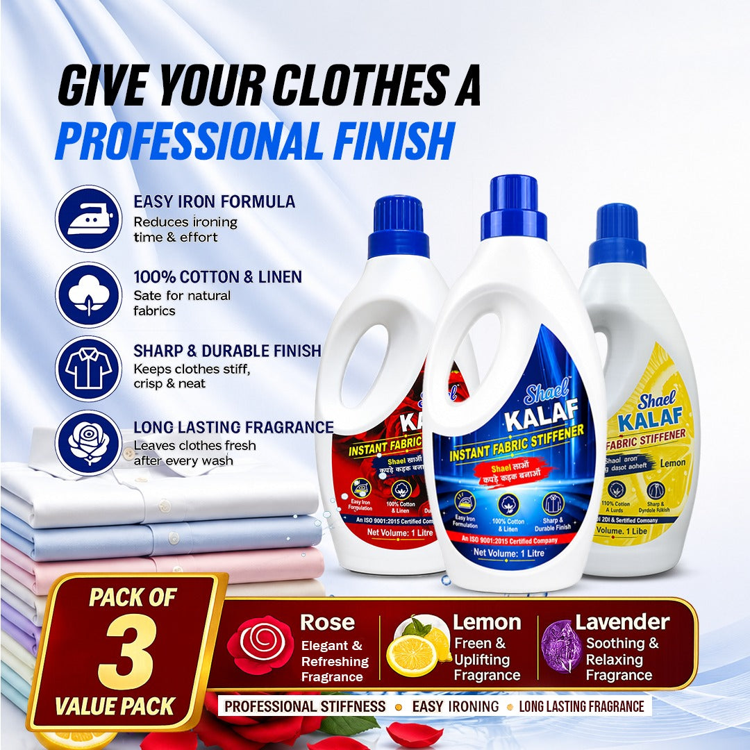 Shael Instant Fabric Stiffener Liquid 1L (Pack of 3) – Easy Iron & Crisp Finish for Cotton & Linen