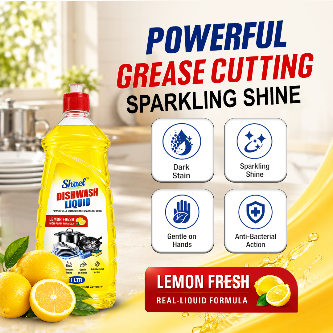 Shael Lemon Fresh Dishwashing Liquid Gel – 1 Ltr (Pack of 3) | Tough Stain & Grease Cleaner – ₹85.3/bottle