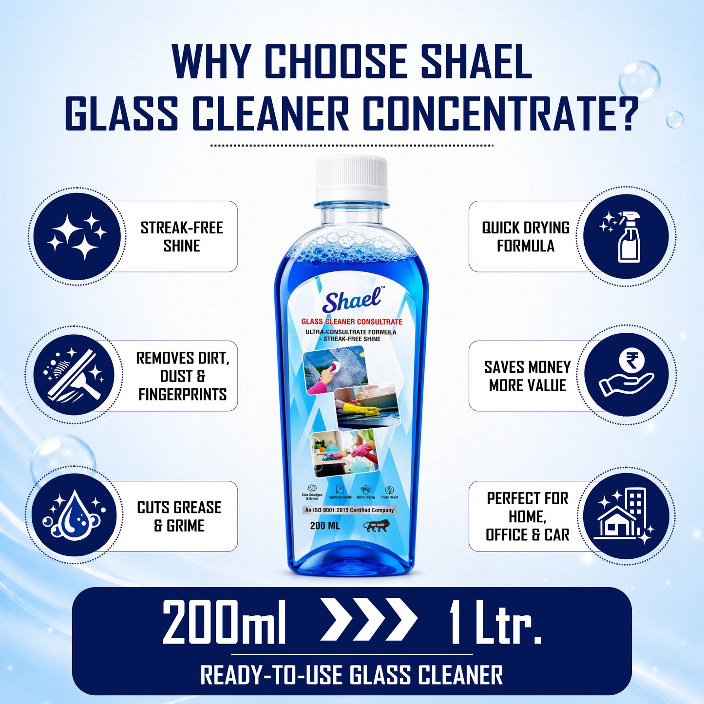 Glass Cleaner Concentrate 200ml – Makes 5 Litres – Streak-Free Window, Mirror & Glass Cleaner