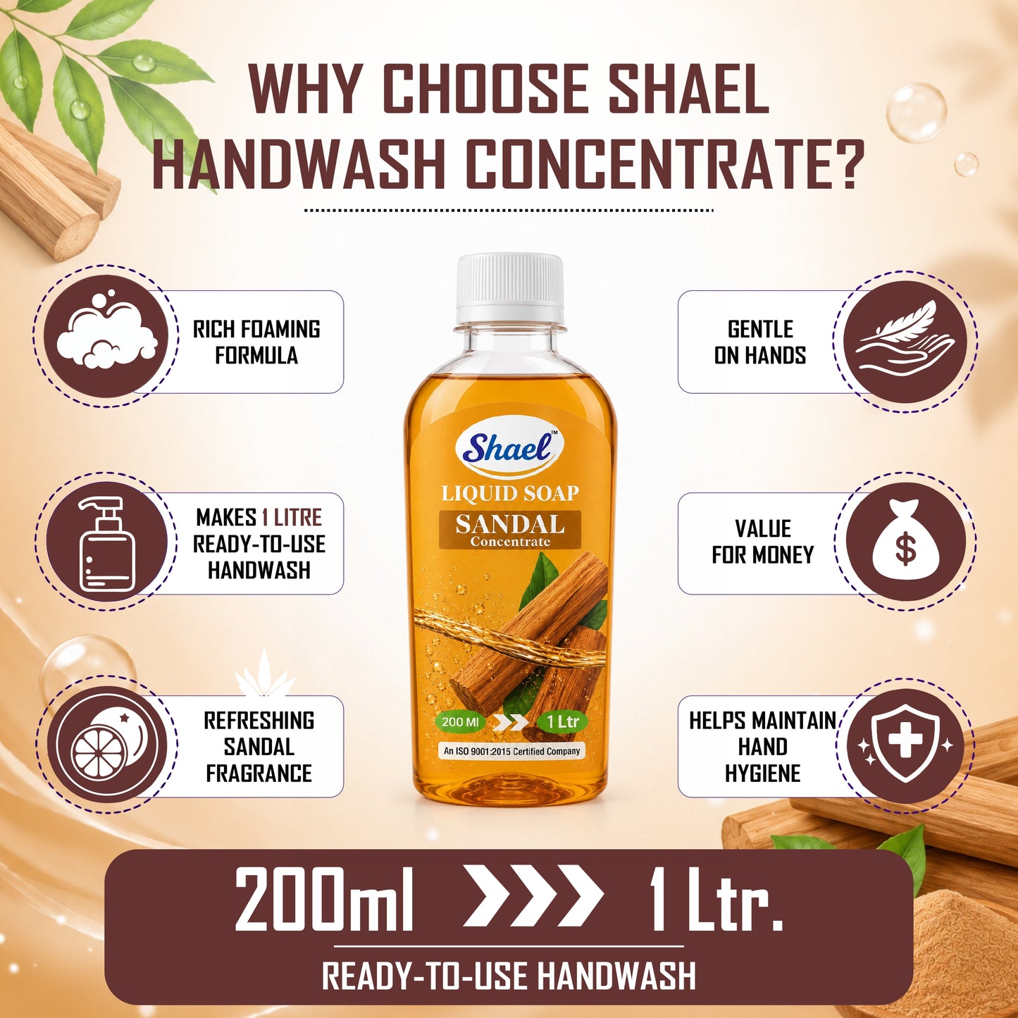 Shael Sandal Liquid Soap Concentrate (200 ml) | Rich Foaming Formula | Makes 1 Litre Ready-to-Use Handwash | Gentle on Hands