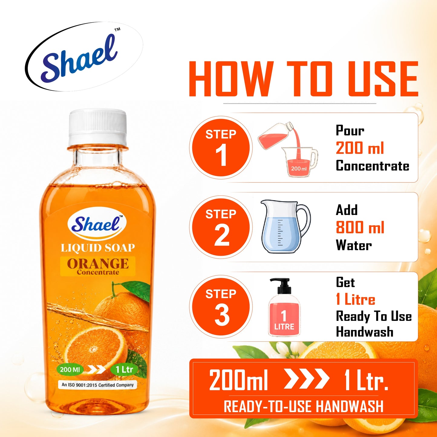 Shael Orange Liquid Soap Concentrate (200 ml) | Rich Foaming Formula | Makes 1 Litre Ready-to-Use Handwash