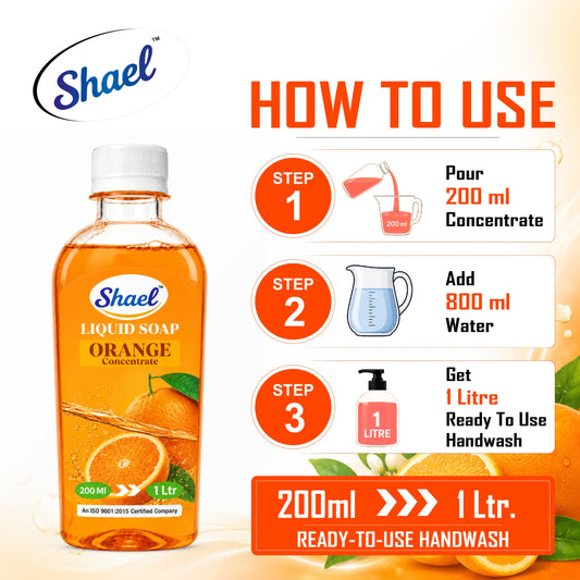 Shael Orange Liquid Soap Concentrate (200 ml) | Rich Foaming Formula | Makes 1 Litre Ready-to-Use Handwash