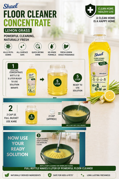 Floor Cleaner Concentrate Lemon Grass 200ml – Makes 5 Litres – Multi-Surface Floor Cleaner for Tile, Marble & Wood